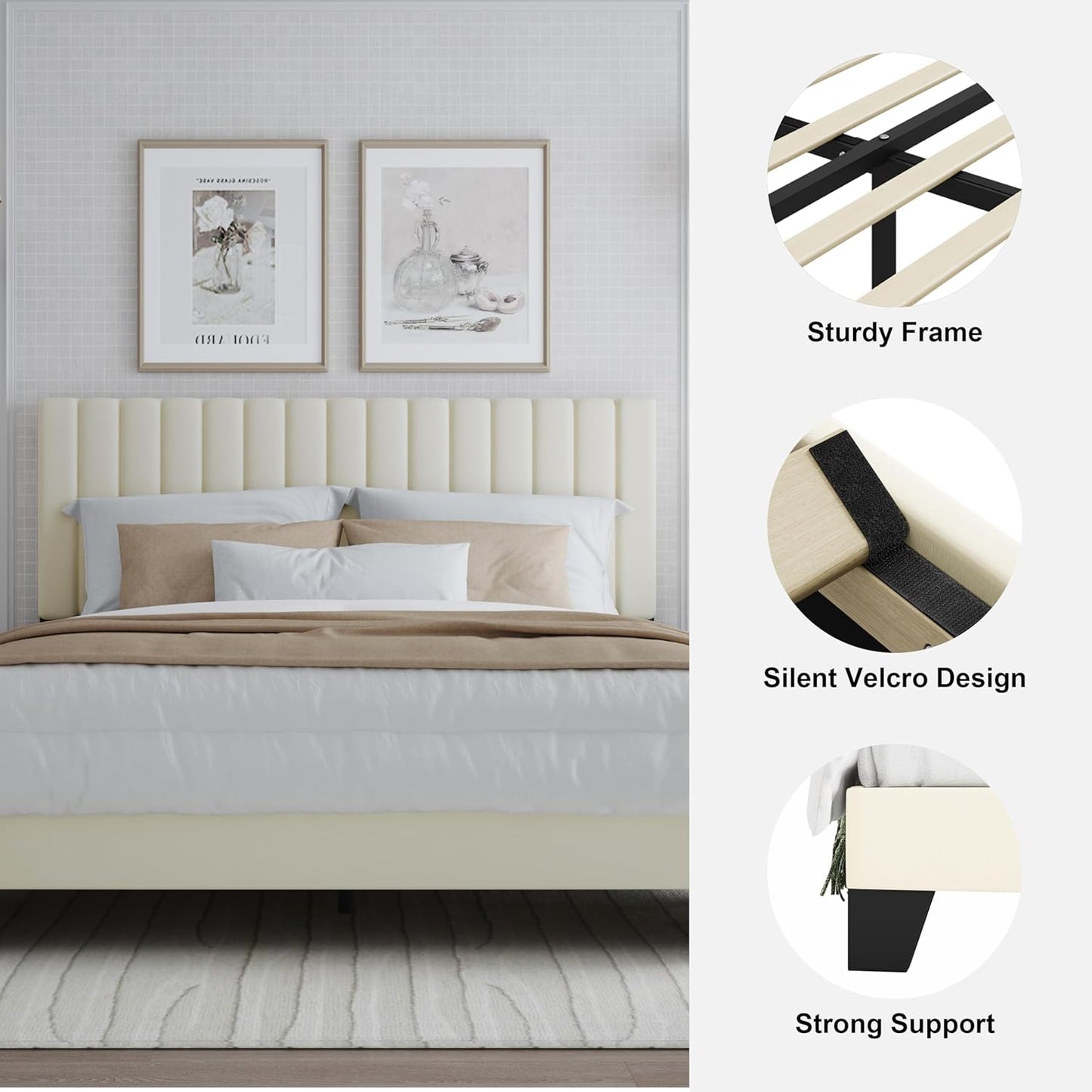 Twin Size Bed Frame with Adjustable Tufted Headboard – Velvet Upholstered Platform Bed, Sturdy Frame & Slats, No Box Spring Needed, Noise-Free, Easy Assembly (Beige, Twin)