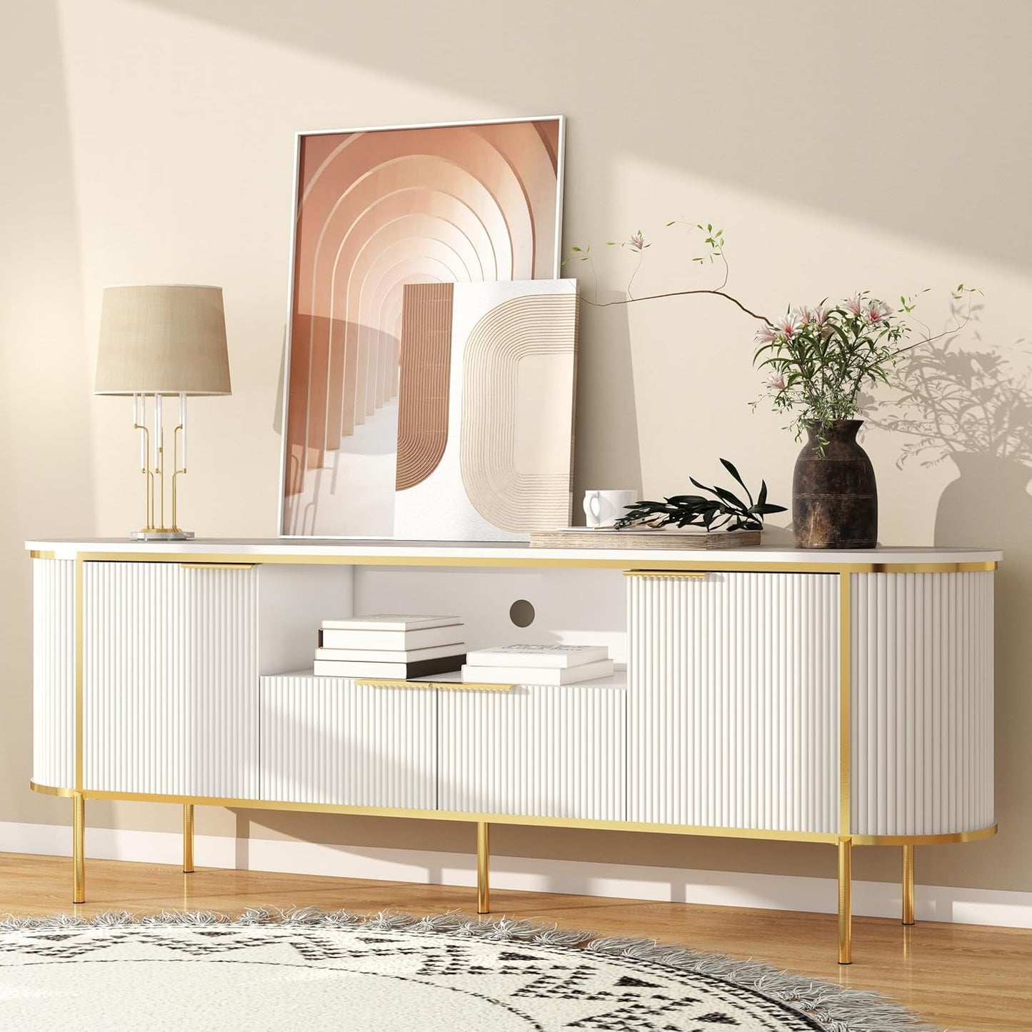 Luxury Fluted TV Stand: 70" White Entertainment Center for 80 inch TVs, TV Consoles for Living Room, Modern Media Console with Faux Marble Top (White, 70 Inch TV Stand)