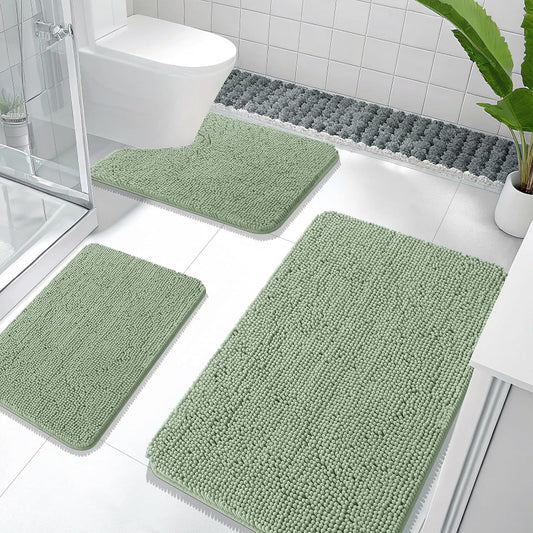 OLANLY Bathroom Rugs Sets 3 Piece, Soft Absorbent Chenille Bath Mats and U-Shaped Contour Toilet Rug, Quick Dry, Home Decor Accessories, Bath Mat Set for Bathroom (36"x24"+24"x16"+24"x20", Sage Green)