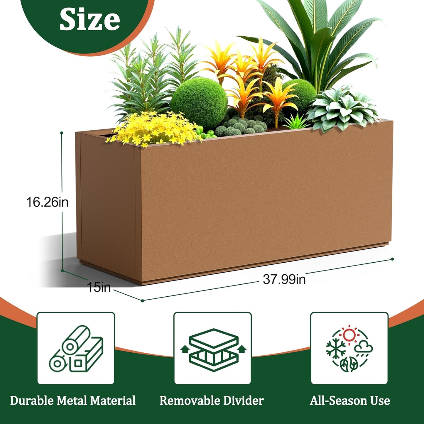 Large Rectangle Planter Metal Brown Planter Box with a Drainage Hole and a Removable Divider Indoor Outdoor Porch Pots for Tall Plants, Trees, Flowers 37.99"x 15" x 16.26" Brown
