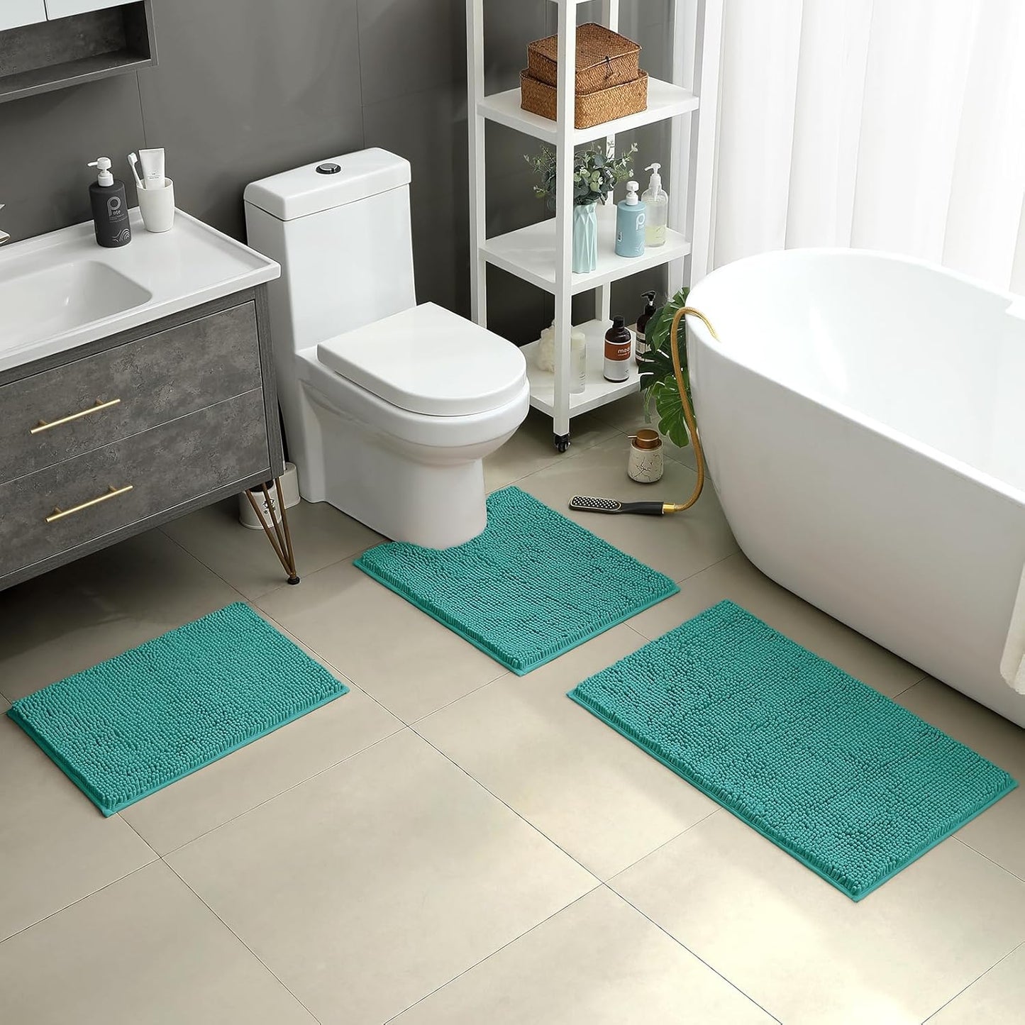 HOMEIDEAS 3 Pieces Bathroom Rugs, Ultra Soft Non Slip Absorbent Chenille Toilet Bath Mat Set (Teal,17"x24"+20"x32"+U Shape 20"x24")