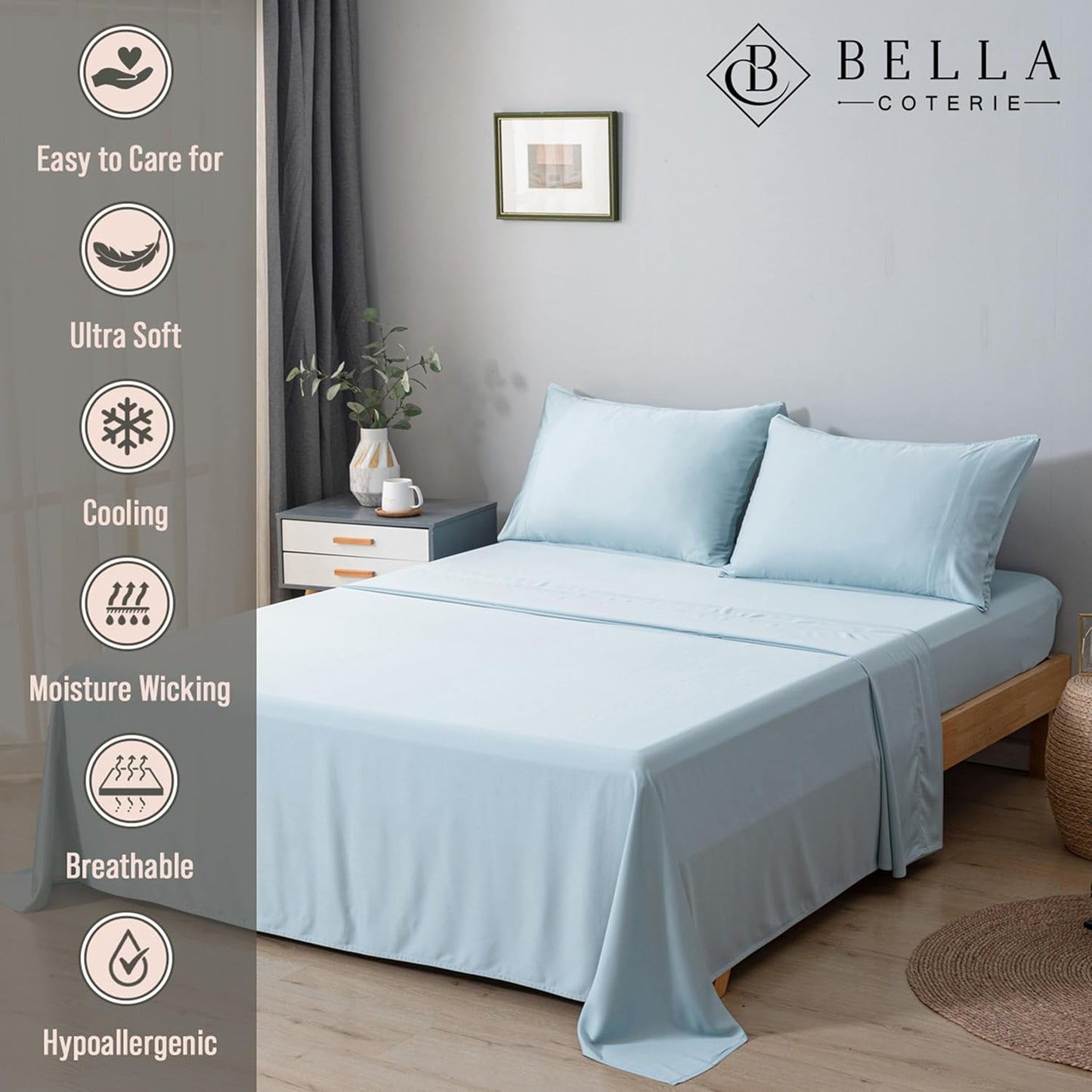 Bella Coterie Luxury Bamboo Viscose Cal King Size Sheet Set | 100% Organically Grown | Ultra Soft | Cooling for Hot Sleepers | 18" Deep Pocket [Coastal Blue]