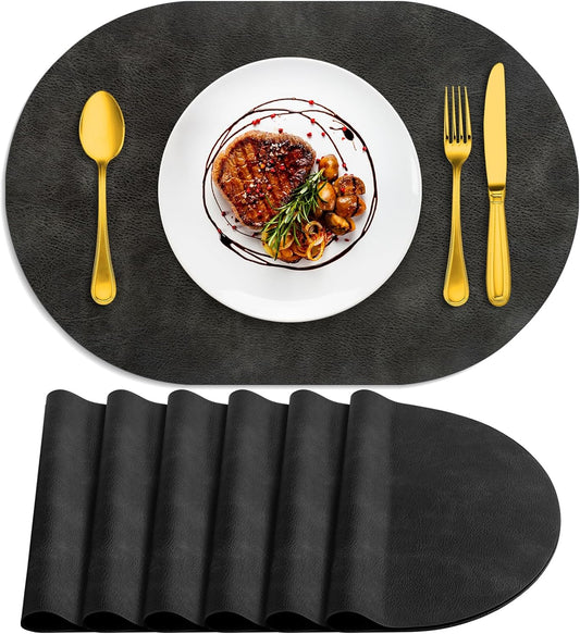 ADRIMER Placemats, Heat Resistant Oval Placemats Set of 6 Washable 12 x 17 Inch, Waterproof Table Mats, Wipeable Pu Place Mats for Kitchen, Dark Grey