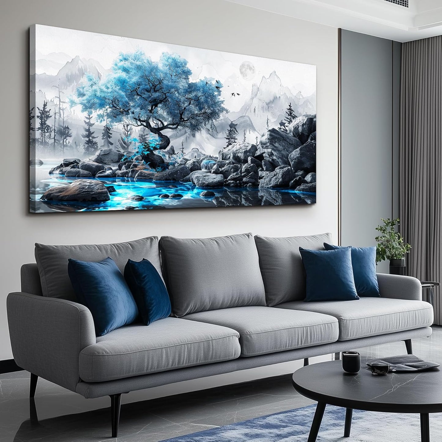 FUHUAHAI Canvas Wall Art For Living Room Framed Wall Decor For Bedroom Modern Office Decoration Black And White Ink Landscape Painting Blue Tree Wall Pictures Artwork Ready To Hang Home Decor 20x40