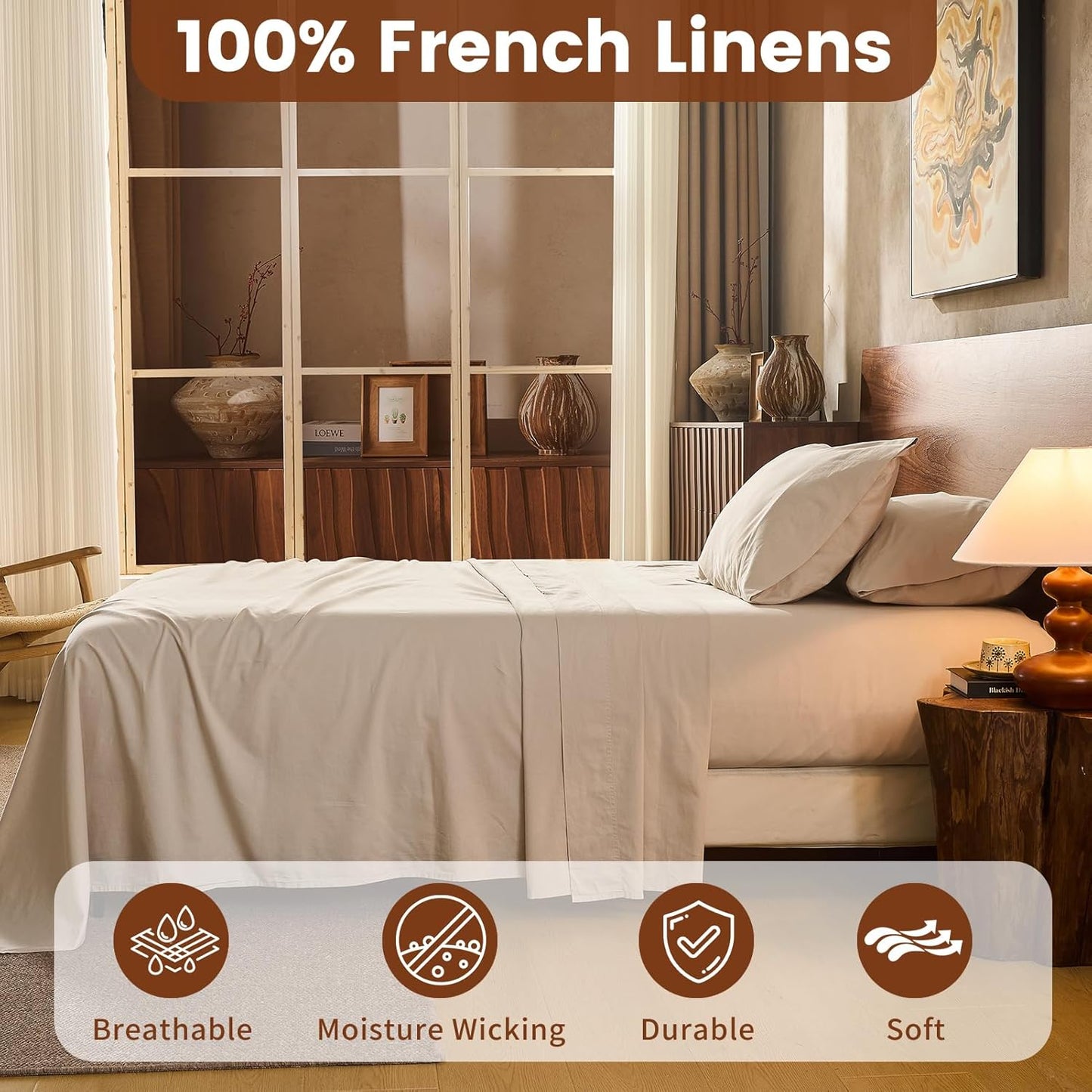 100% Linen Sheets California King Size,Breathable & Durable 4-Piece Bed Flax Sheet Set,Soft All-Season Bedding for Hot Sleepers 16" Deep Pocket Oeko-TEX Certified,（Cal King, Linen）