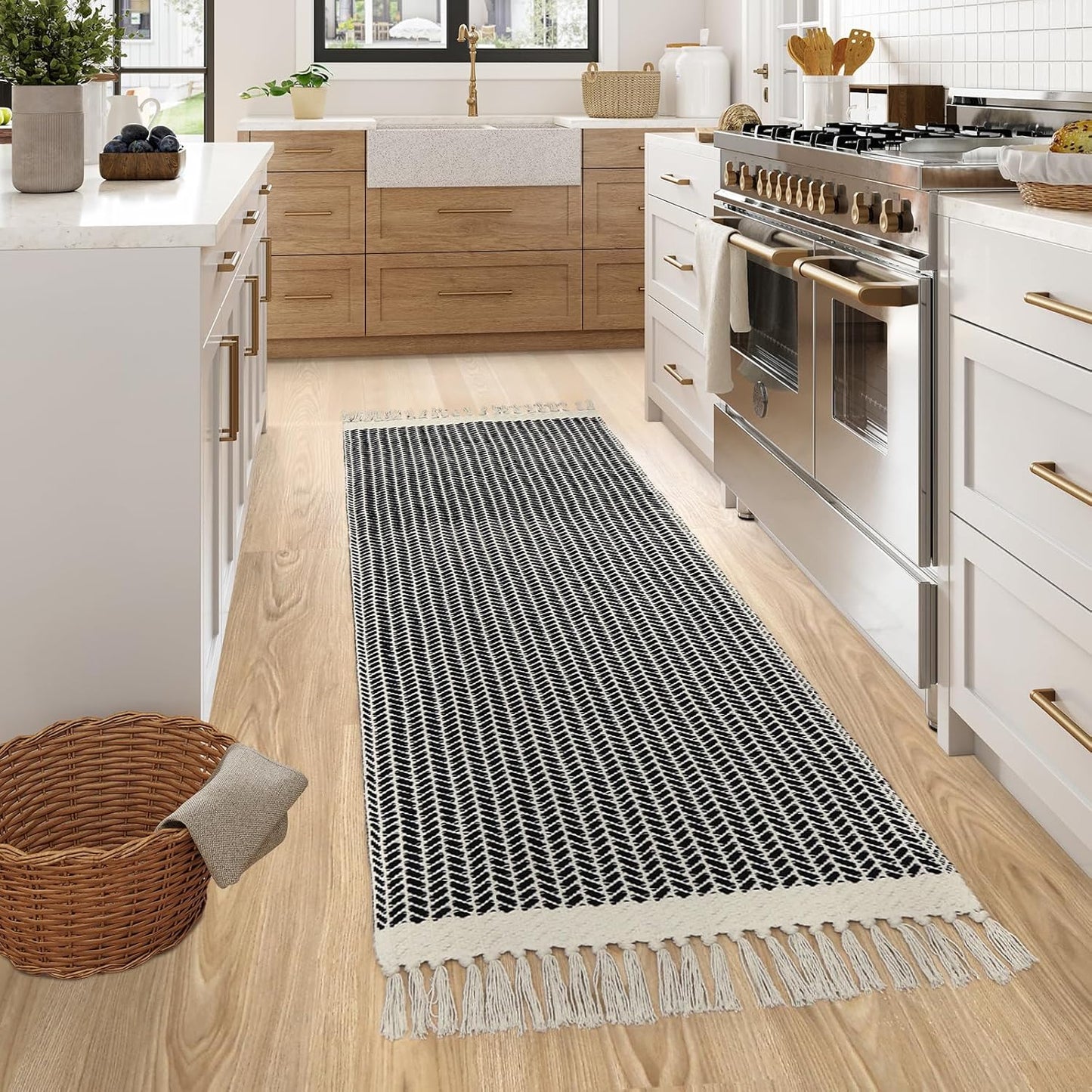 Lahome Boho Hallway Runner Rug, 2x6 Laundry Room Lightweight Entry Woven Cotton Throw Mat with Tassels, Farmhouse Non Shedding Washable Black Low Pile Runner for Kitchen Bathroom