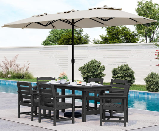 SERWALL 8-Piece Patio Dining Sets with 15FT Double Side Patio Umbrella, Outdoor HDPE Dining Furniture Set with Umbrella Hole Cut-Out Table and 6 Chairs, Black（Umbreall Base not Included）