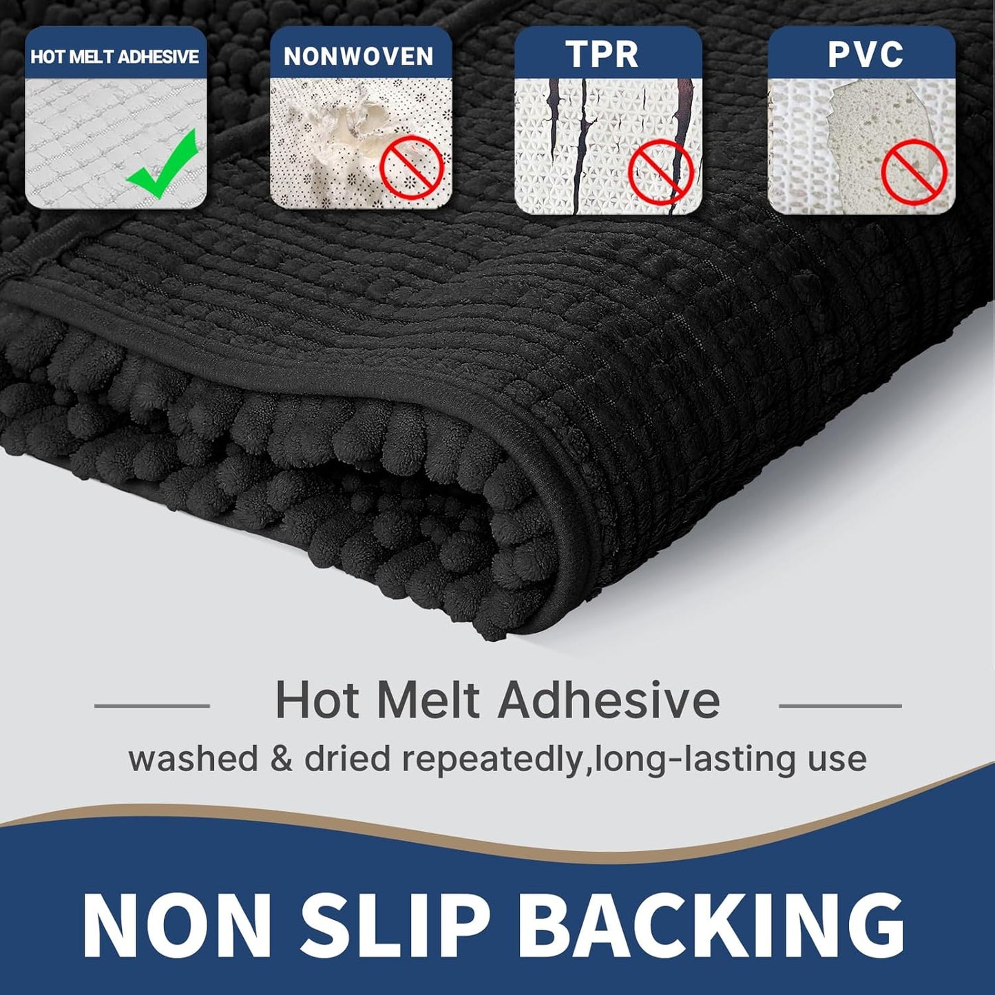 Yimobra Bathroom Rugs Sets 2 Piece - Quick Dry Extra Thick Luxury Chenille Bath Mat, Non Slip Super Absorbent for Tub Shower Sink, Machine Washable Shaggy Floor Mat, 44"x24"+24"x17" Inch, Black