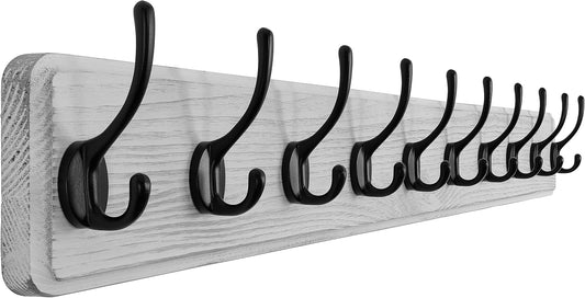 SKOLOO Farmhouse Style Large Wall Mounted Coat Rack-38.6'' Long, Pine Solid Wood Coat Hook Hanger - 10 Hooks for Hanging Clothes Robes Towels Coats