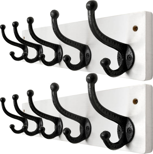 WEBI Rustic Coat Rack Wall Mount,5 Cast Iron Coat Hooks Wall Mounted,Heavy Duty Wall Coat Hanger Hooks for Hanging Coats,Clothes,Black on White,2 Packs