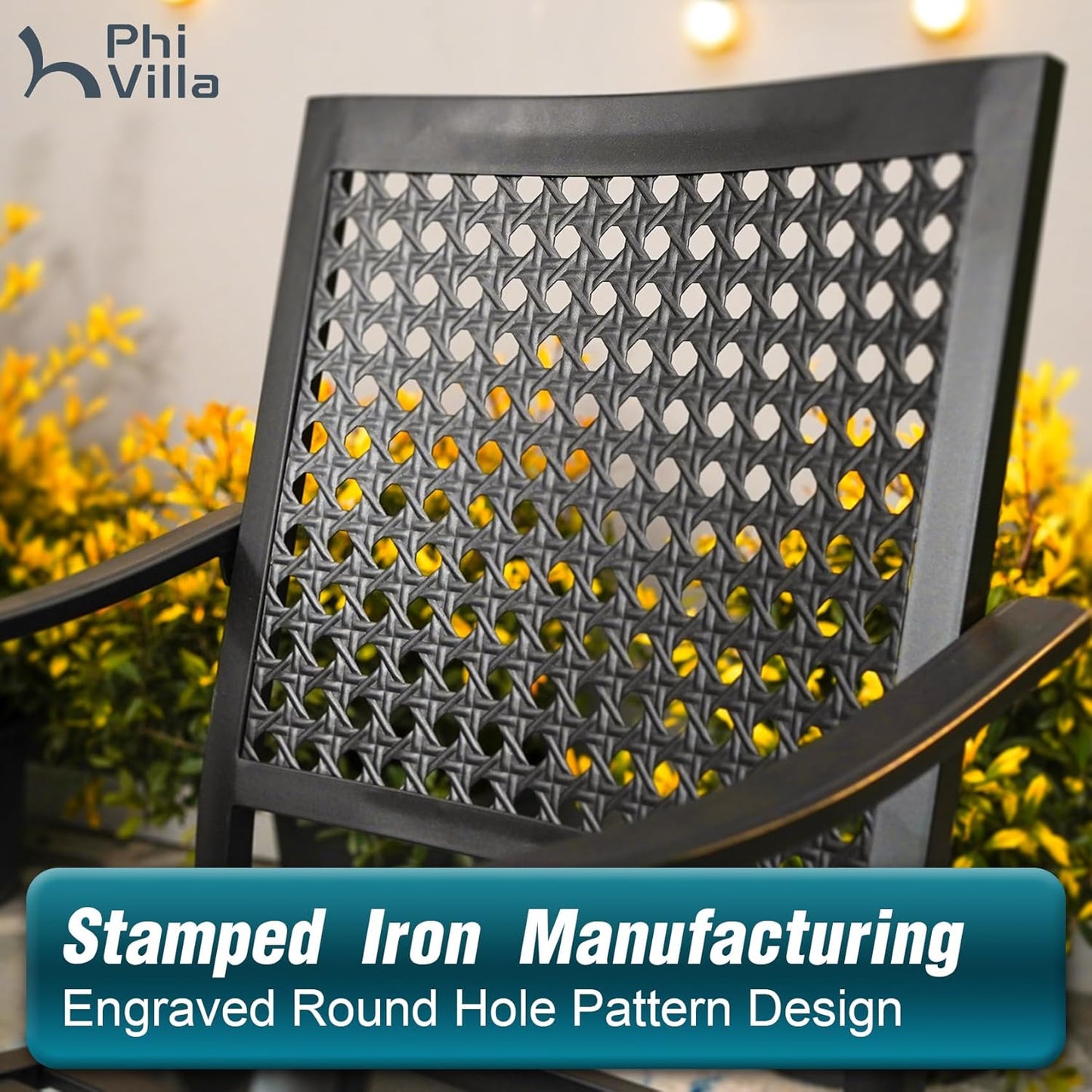 PHI VILLA 9 Piece Patio Dining Set for 8, Expandable Wood-Like Metal Dining Table & Wrought Iron Stackable Chairs, Large Dining Furniture for Outdoor Deck, Backyard, Porch