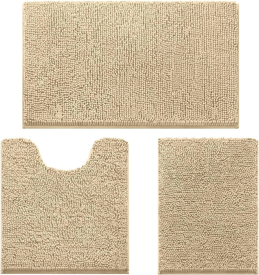 HOMEIDEAS 3 Pieces Bathroom Rugs, Ultra Soft Non Slip Absorbent Chenille Toilet Bath Mat Set (Beige,17"x24"+20"x32"+U Shape 20"x24")