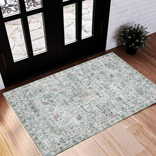 Washable Area Rug 2'x3' Door Mat Vintage Distressed Doormat Indoor Entrance Traditional Thin Rug Floral Print Non Slip Carpet for Kitchen Bathroom Bedroom Living Room