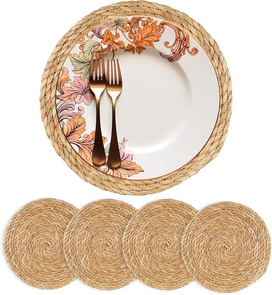 Round Woven Placemats 13.5 inch Set of 4 - Boho Rattan Placemat Natural Water Hyacinth Placemats, Farmhouse Weave Place Mats, Rustic Braided Wicker Table Mats for Dining Table,Home,Wedding