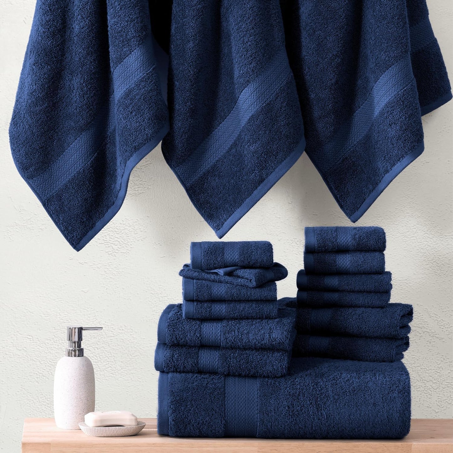 LANE LINEN 100% Cotton Luxury Towel Set for Bathroom - 16 Pieces, Ring Spun - Plush, Soft & Highly Absorbent - 4 Shower Towels, 8 Washcloths, 4 Hand Towels - Complete Bathroom Towel Set - Navy Blue