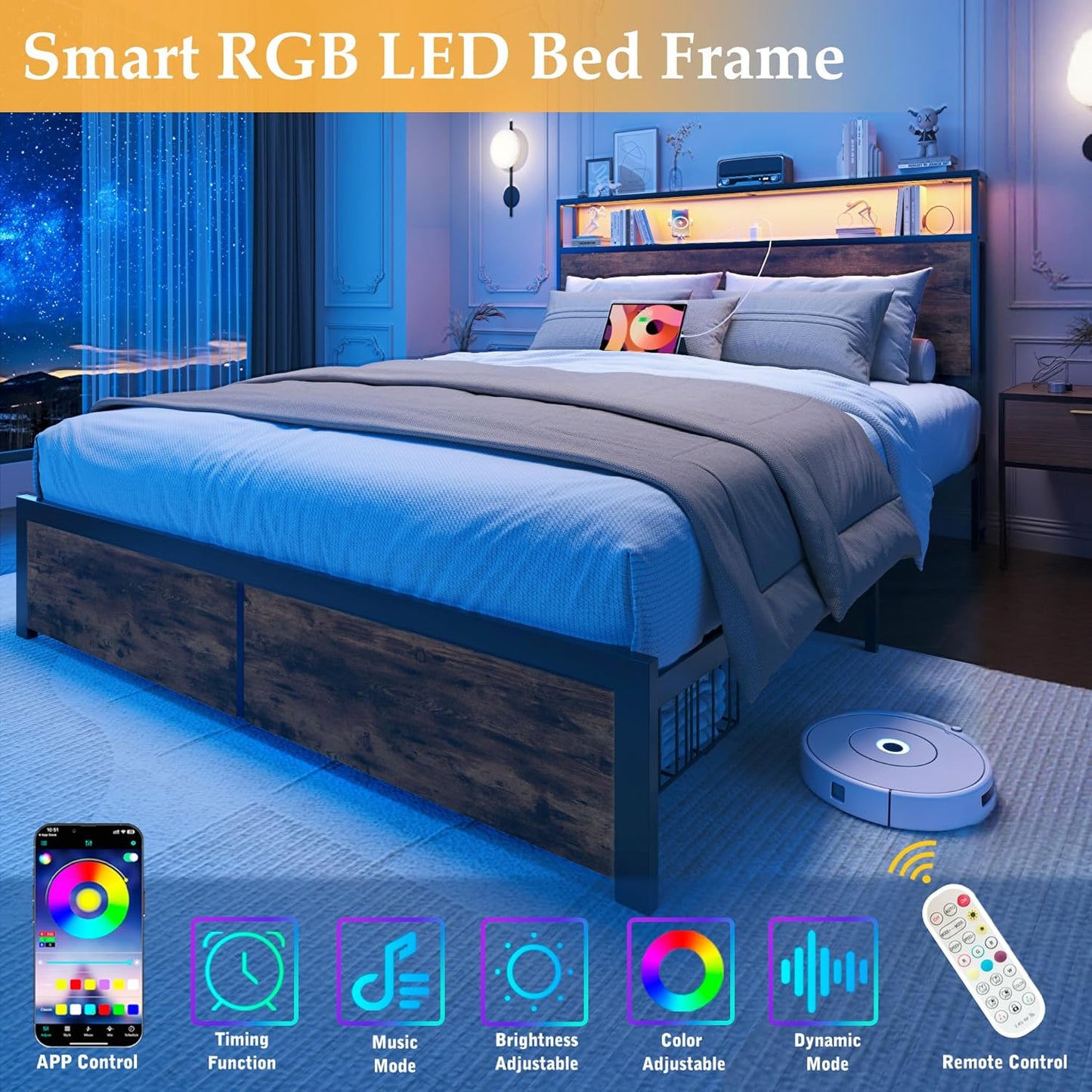 Lifezone Full Bed Frame with 2-Tier Storage Headboard, Metal Bed Frame with Storage Drawers & Built-in Charging Station & LED, Noise-Free, No Box Spring Needed, Easy Assembly, Retro Brown