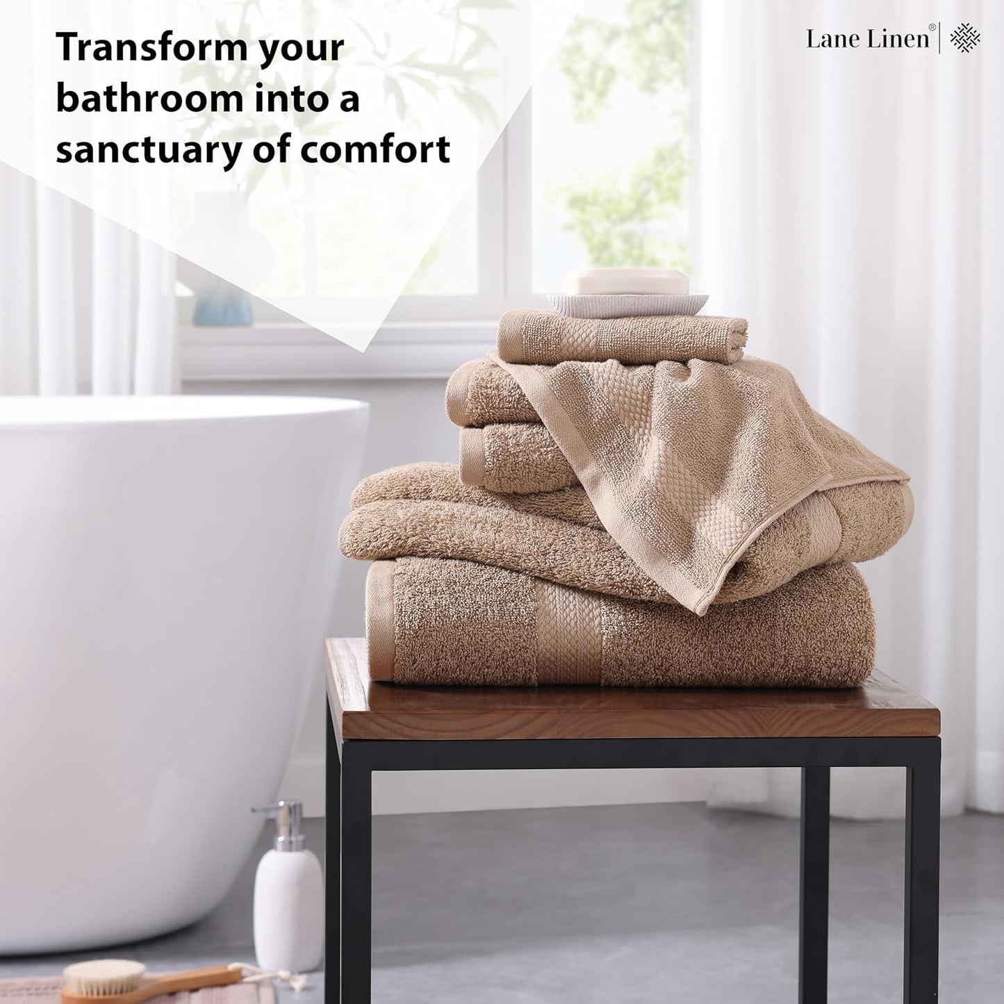 LANE LINEN 100% Mercerized Cotton Luxury Bathroom Towels Set - 6 Pieces - Ring Spun Technology - 2 Bath, 2 Washcloths, 2 Hand Towels - Suitable for All Skin Types Including Sensitive Skin - Taupe