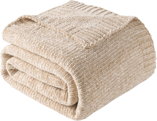 BATTILO HOME Knit Chenille Throw Blanket for Couch, Cozy Beige Throw Blankets for Home Decor,Lightweight Soft Throw for Bed,Sofa,Chair 51"x67"