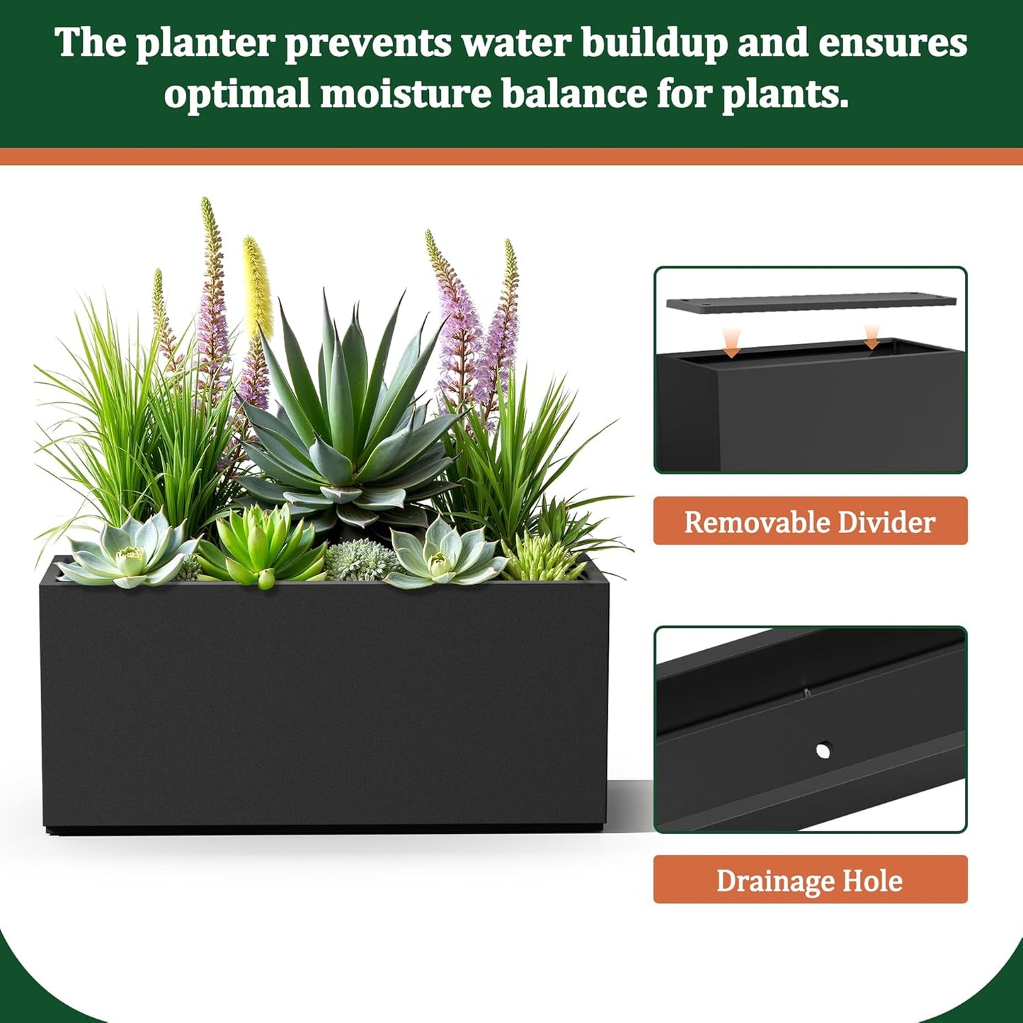 Large Rectangle Planter Metal Black Planter Box with a Drainage Hole and a Removable Divider Indoor Outdoor Porch Pots for Tall Plants, Trees, Flowers 37.99"x 15" x 16.26" Black