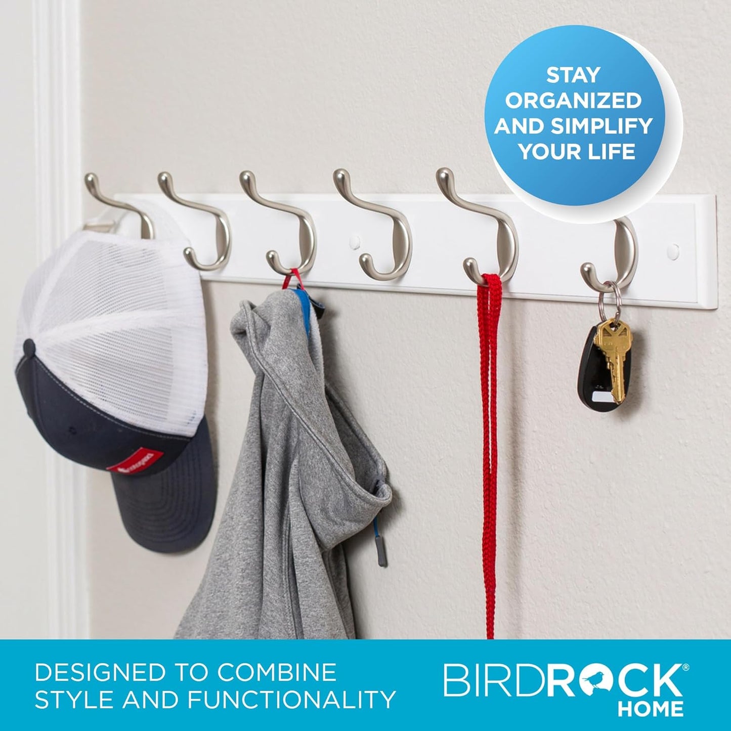 BIRDROCK HOME Oval Hook Coat and Hat Rack | 6 Hooks | Wall Mount | White Finish | Satin Nickel Hooks