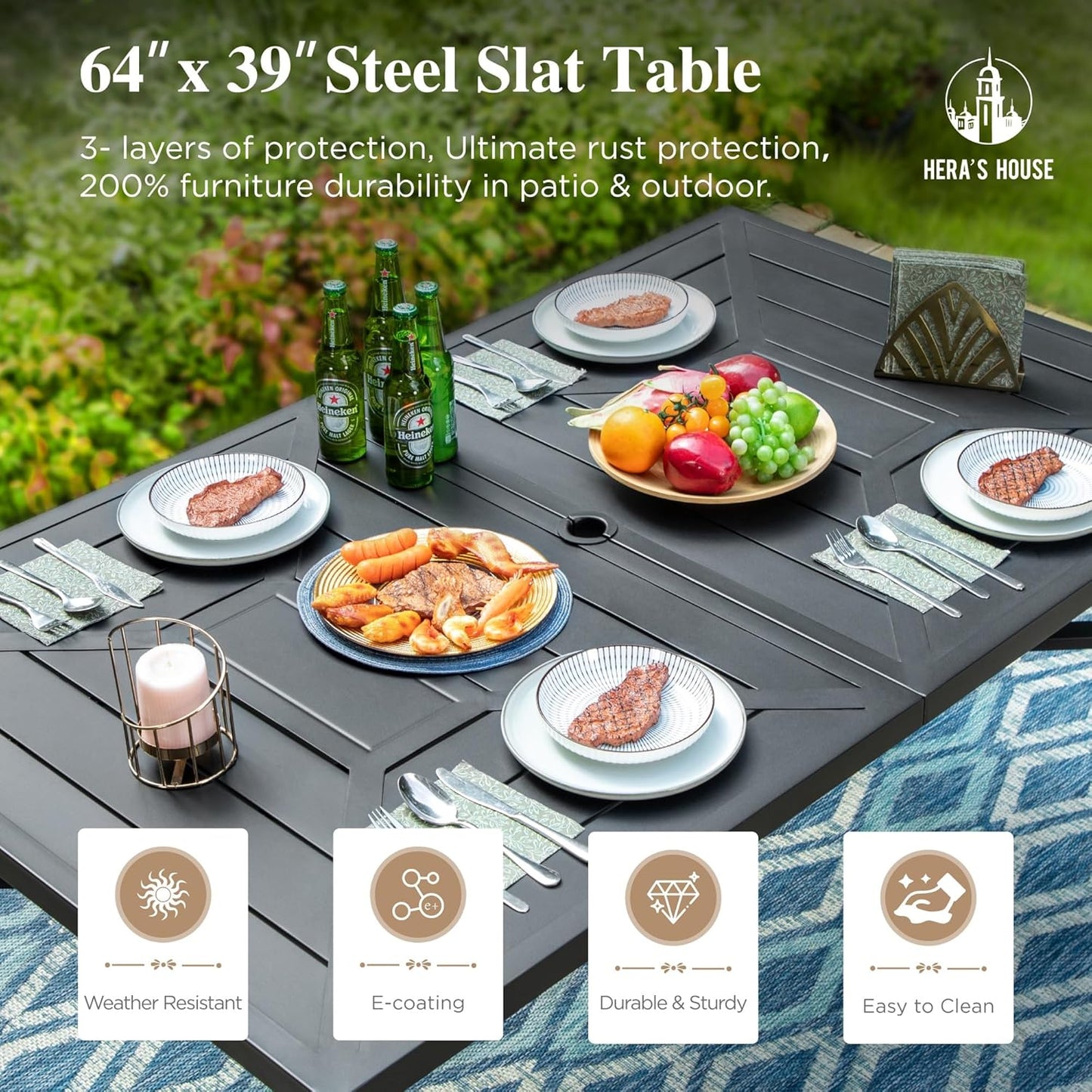 HERA'S HOUSE 7 Pieces Patio Dining Set, Outdoor Furniture Set for 6, 6 x All Weather Textilene Dining Chair, 1 x Rectangular Metal Dining Table, All Weather Resistant for Lawn Garden Backyard Deck