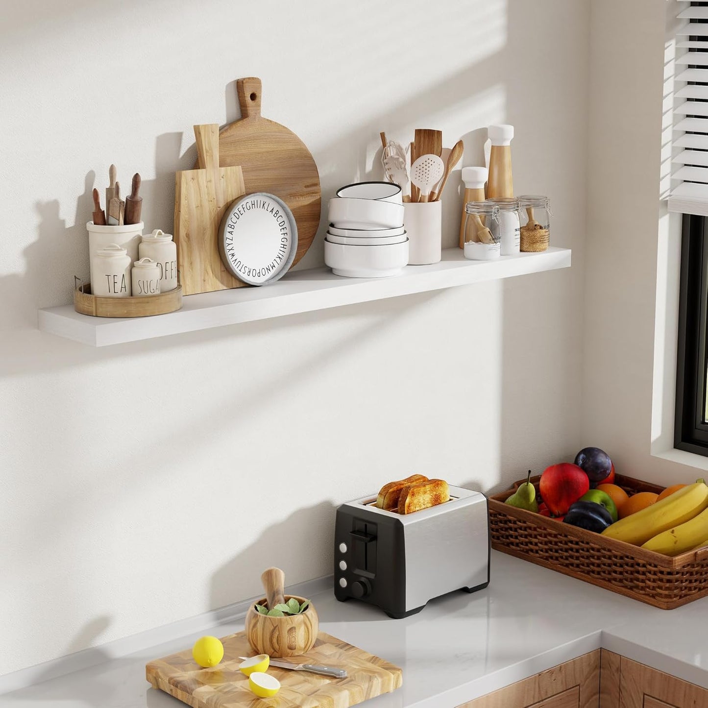 48 Inch Floating Shelves, 8 Inch Deep Floating Shelves for Wall, Hanging Shelf with Invisible Brackets, Deep Shelves for Bathroom, Bedroom, Living Room, White, Set of 1