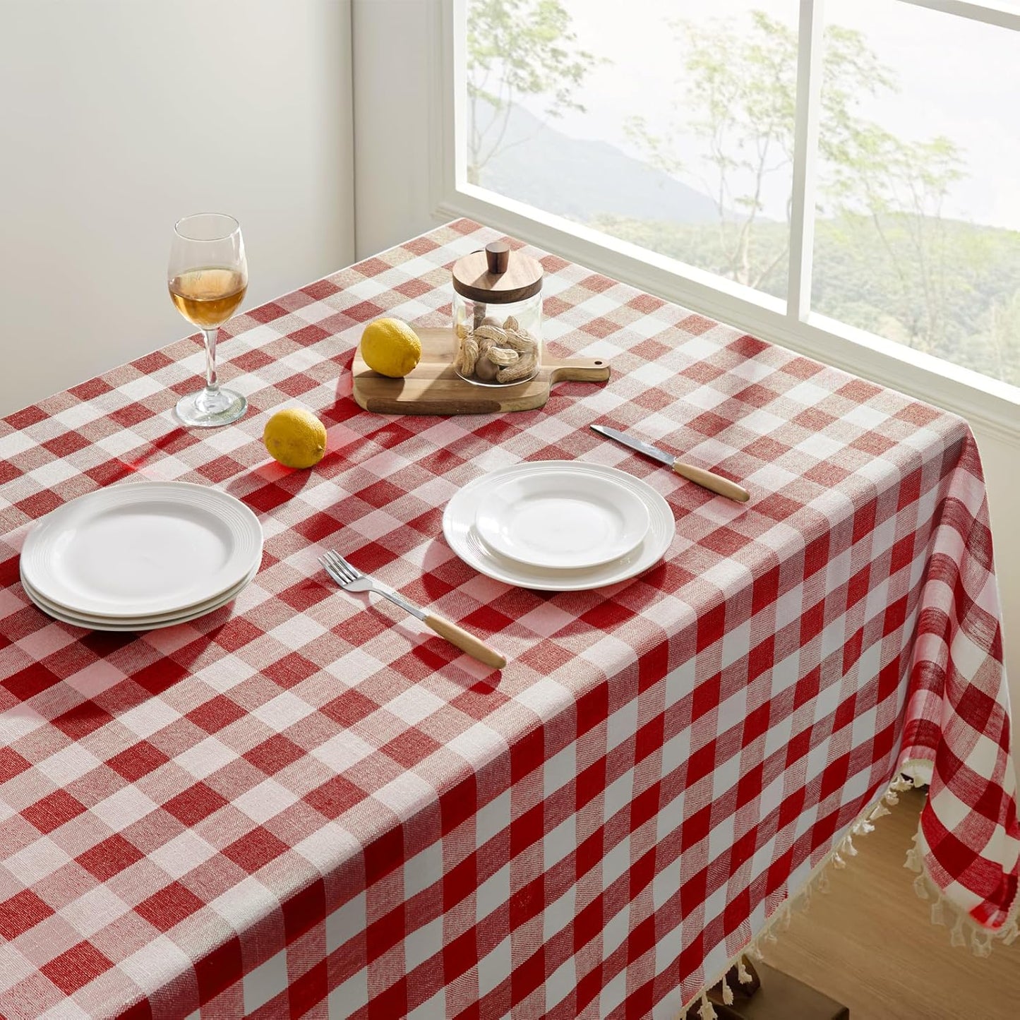 Softalker Checkered Tablecloth Square, Heavy Weight Linen Gingham Boho Table Cloth with Tassel, Washable Wrinkle Free Buffalo Plaid Table Cover for Dining/Party/Outdoor - 55 x 55 Inch, Red