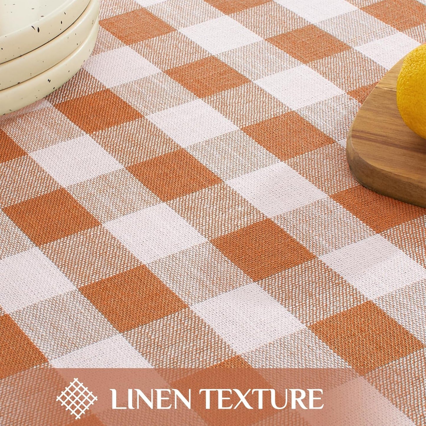 Softalker Fall Checkered Tablecloth Rectangle, Heavy Weight Linen Gingham Thanksgiving Orange Table Cloth with Tassel, Wrinkle Free Buffalo Plaid Table Cover for Dining/Party- 55 x 120 Inch