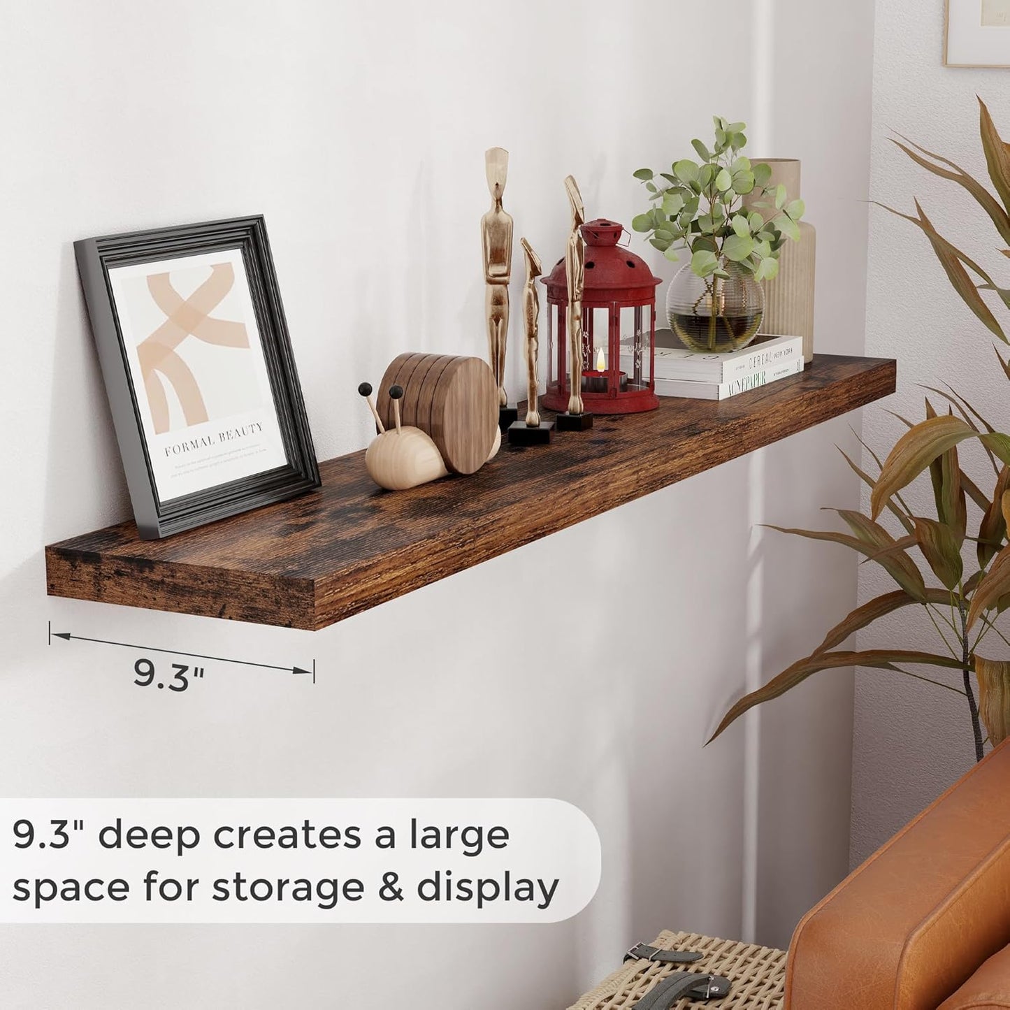 Floating Shelves 55 Inch Long, 55"W x 9.3"D Wall Shelf Invisible Bracket, 9.3 Inch Deep Floating Shelf for Wall, Rustic Wooden Shelves for Living Room, Kitchem, Bedroom, Rustic Brown Color, Set of 1