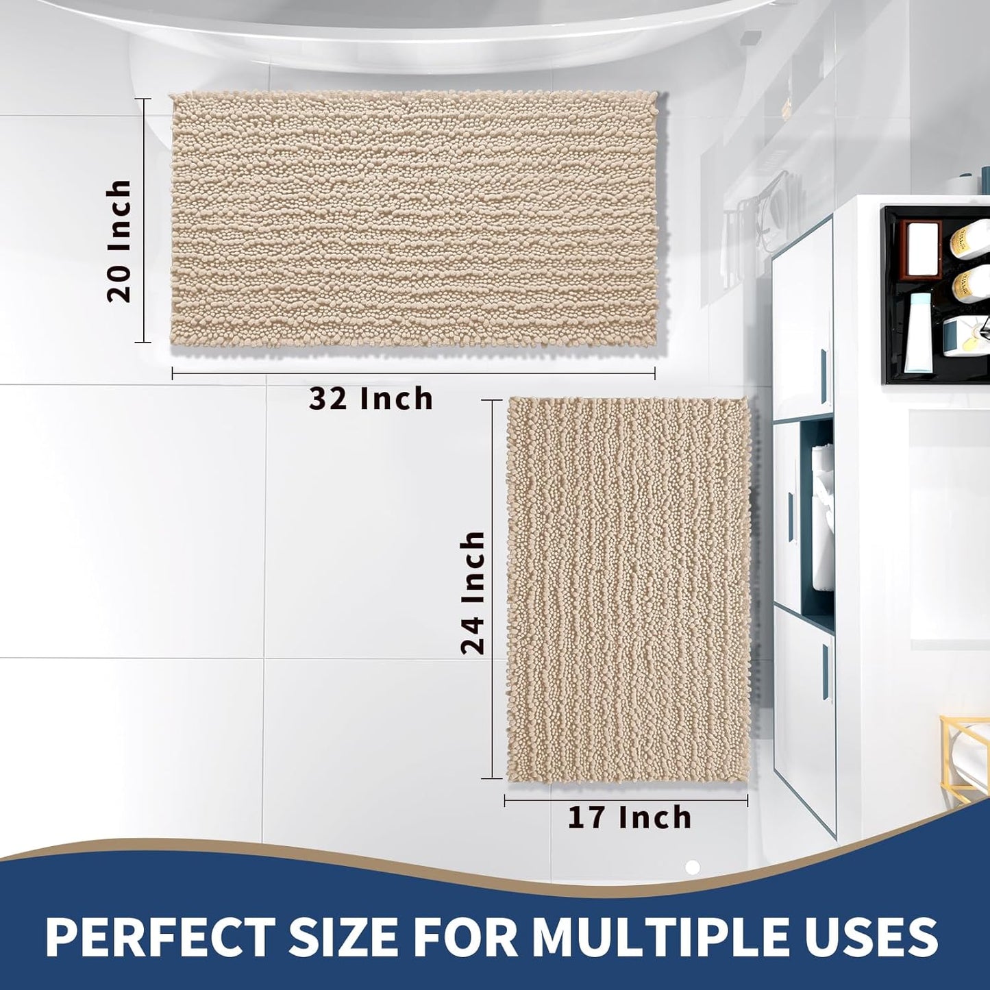Yimobra Bathroom Rugs Sets 2 Piece - Quick Dry Extra Thick Luxury Chenille Bath Mat, Non Slip Super Absorbent for Tub Shower Sink, Machine Washable Shaggy Floor Mat, 32"x20"+24"x17" Inch, Light Brown