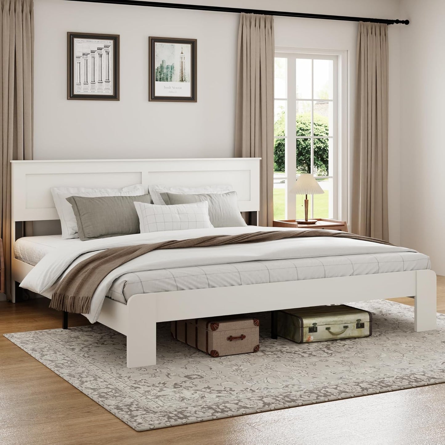 Wood Platform Bed Frame, King Bed Frame with Headboard and Wood Slat Support, Noise-Free,Easy Assembly, No Box Spring Needed, White