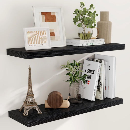 Fun Memories 36 Inch Floating Shelves Black, 9.3 Deep Floating Shelf for Wall, Rustic Black Wall Shelves 36x9.3x1.5 - Set of 2, Large Deep Shelf for Kitchen, Living Room Storage