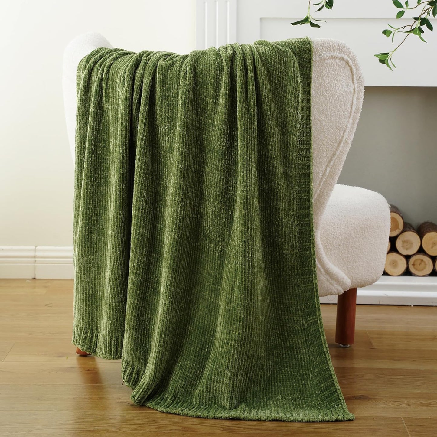 BATTILO HOME Chenille Knitted Throw Blanket for Couch, Spring Summer Green Throw Blanket for Home Decor, Decorative Cozy Soft Moss Green Blankets for Bed Sofa Couch Living Room, 51"x67"