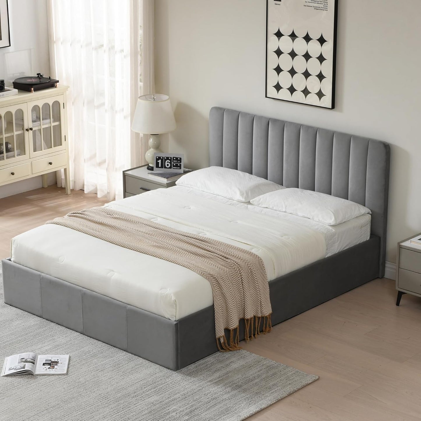 PINJU Queen Size Storage Bed with Hydraulic Lift, Upholstered Platform Bed, Simple Vertical Line Design, Wooden Slat Support, No Spring Required (Grey, Queen (U.S. Standard))