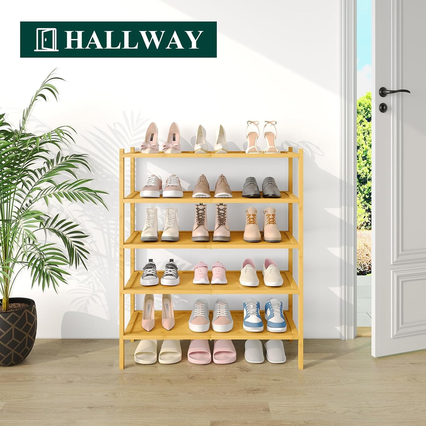 Smiry Bamboo Shoe Rack, 5 Tier Shoe Organizer for Entryway & Closet, Stackable Free Standing Storage Shelf for Shoes, Bags & Plants, Natural