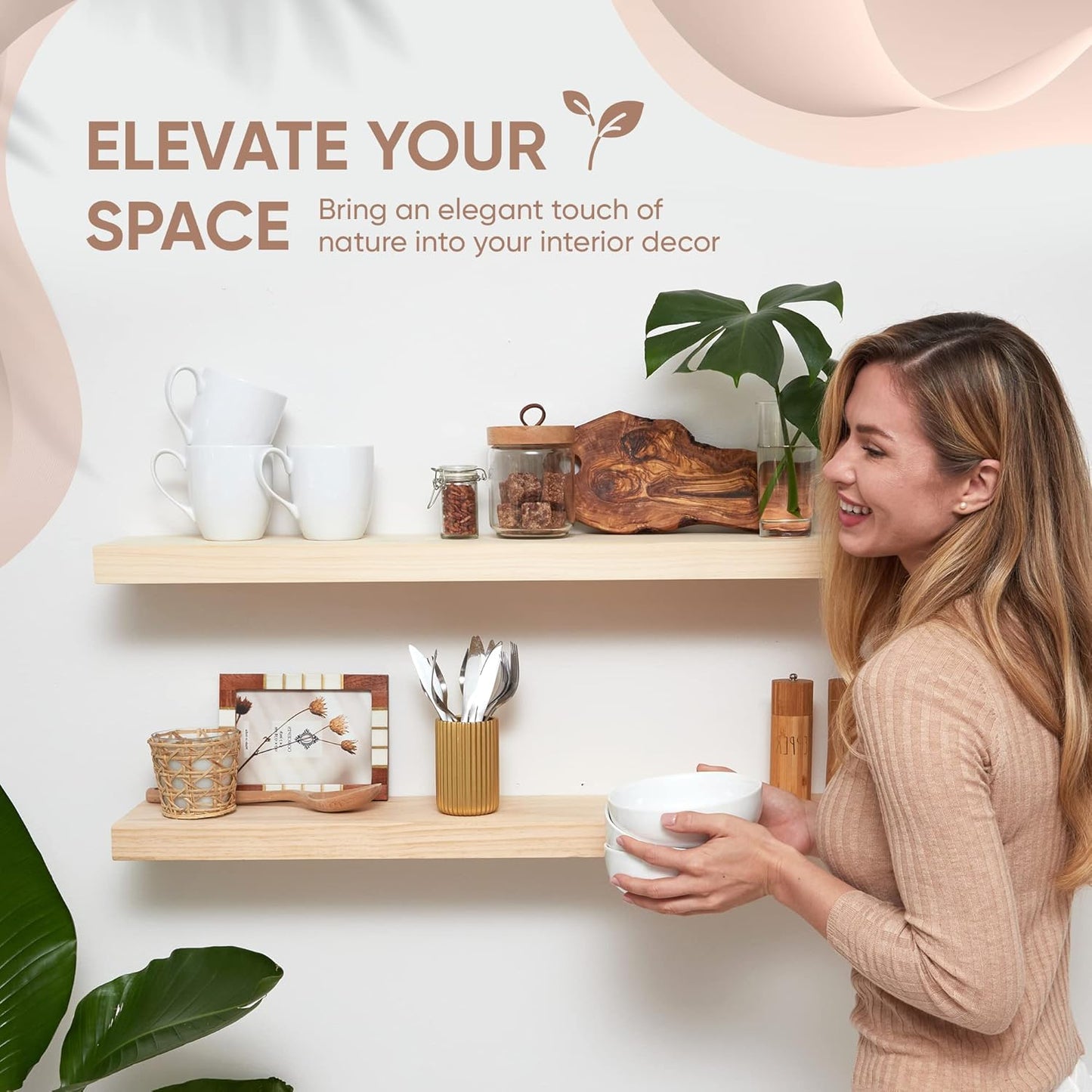 Homeforia 36 inch Natural Floating Shelf, High End Solid Real Wood 36inch Small Floating Shelves for Wall Mounted, Natural Wooden Floating Shelves, Heavy Duty Bracket, 36 X 6.5 X 1.75 in, Set of 2