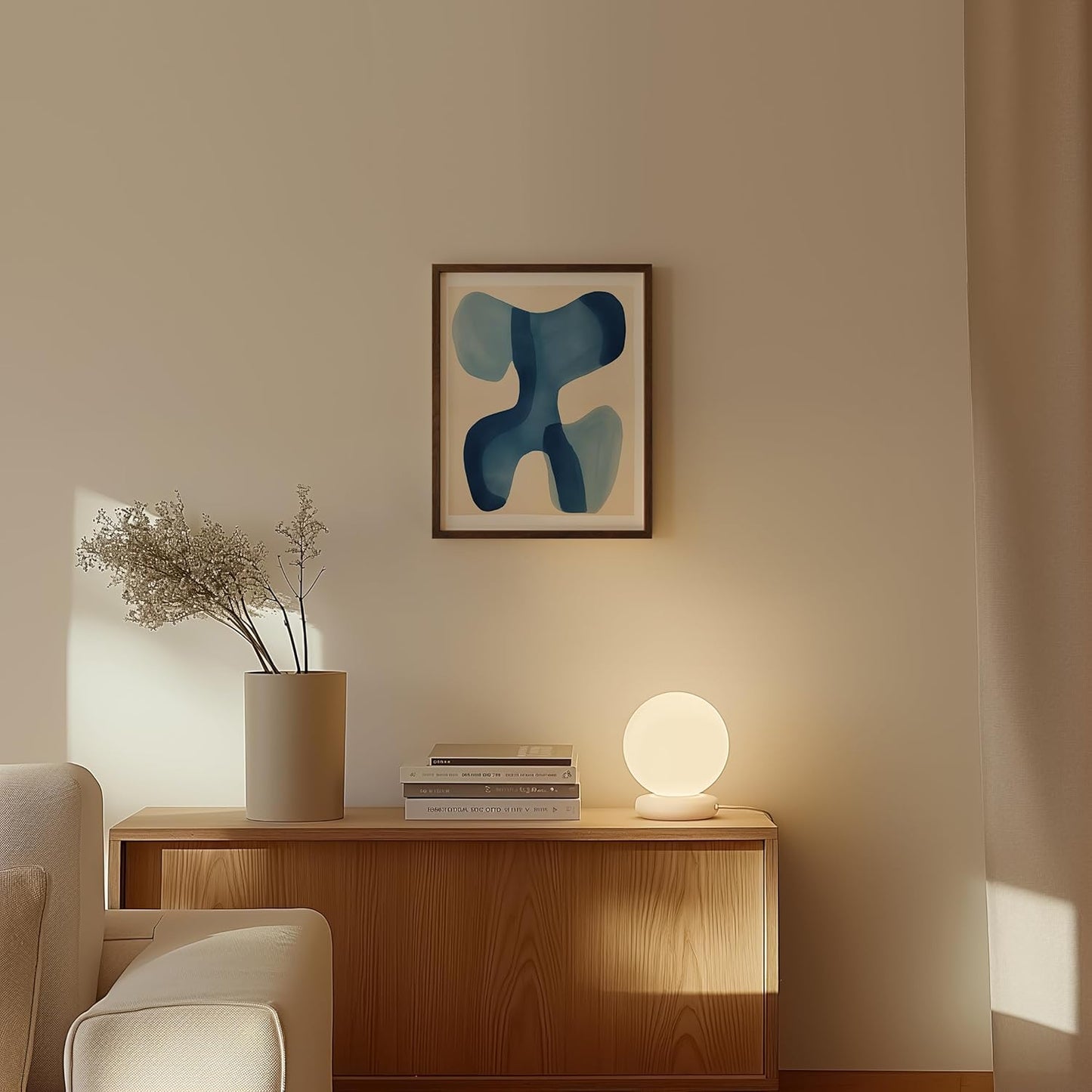 HAUS AND HUES Modern Abstract Wall Art - Blue and Green Living Room Art, Modern Artwork for Walls, Minimalist Picture for Living Room(Blue Shapes, Walnut Frame, 11x14)