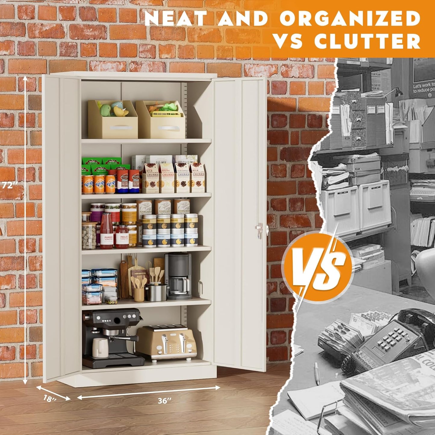 Greenvelly Steel SnapIt Storage Cabinet 72" Locking Metal Storage Cabinet with 4 Adjustable Shelves, Lockable Metal Organization with 2 Doors and Lock for Office, Garage, Home (Grey)