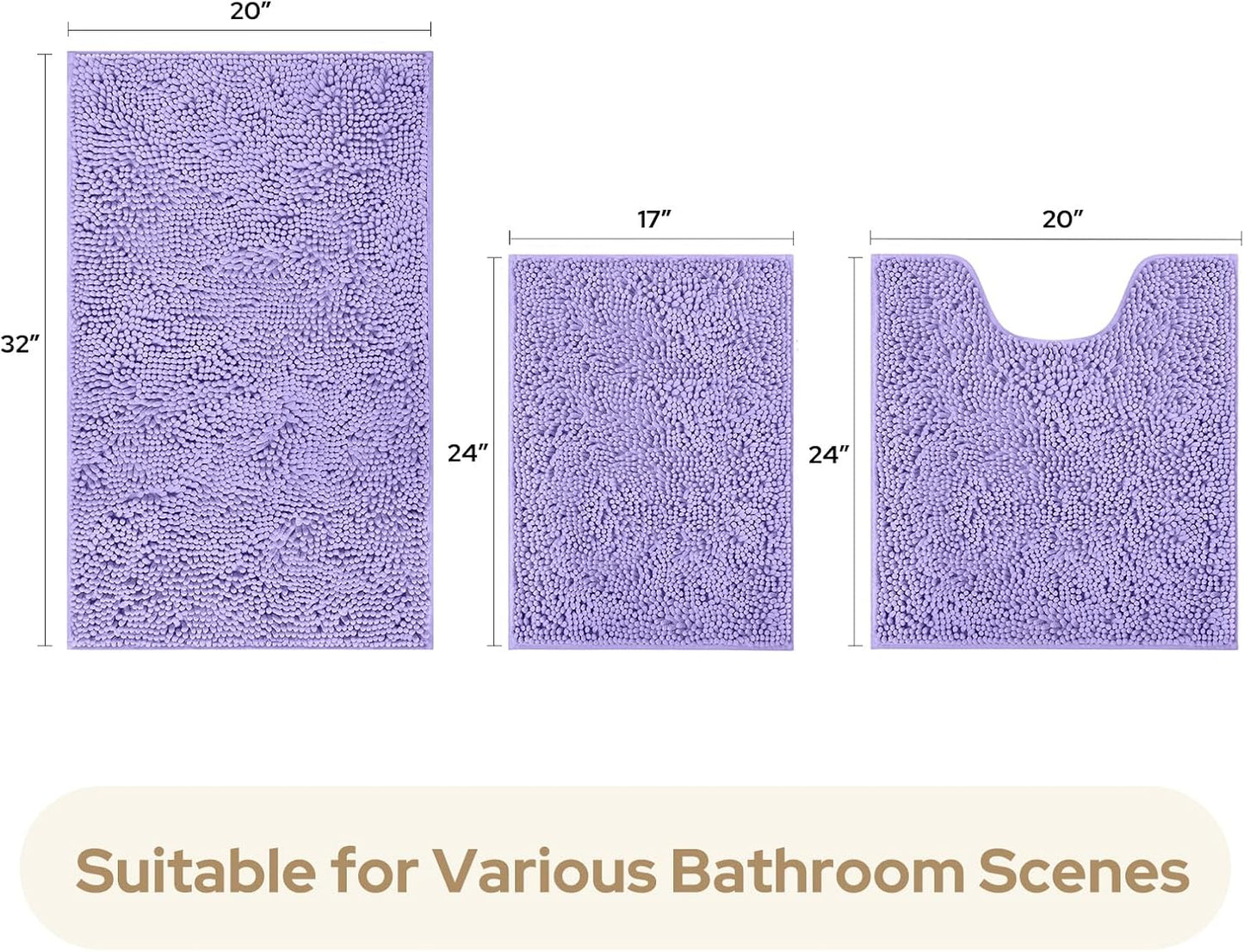 HOMEIDEAS 3 Pieces Bathroom Rugs, Ultra Soft Non Slip Absorbent Chenille Toilet Bath Mat Set (Lavender,17"x24"+20"x32"+U Shape 20"x24")