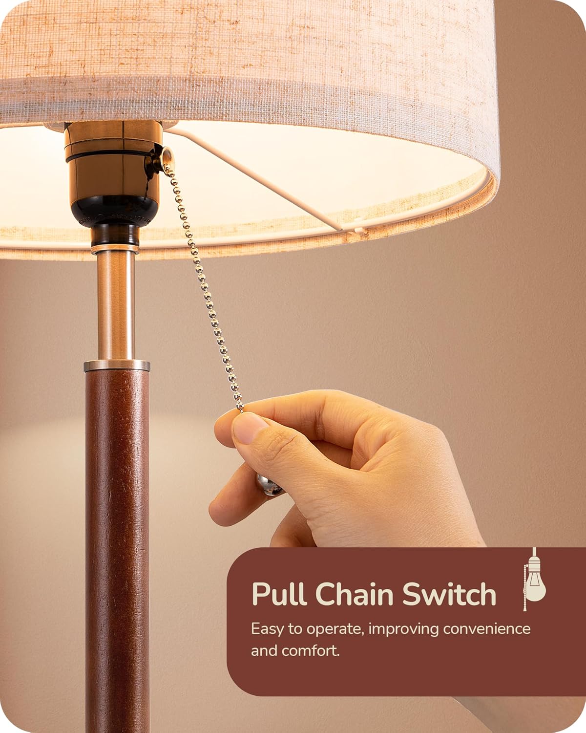 EDISHINE Mid Century Table Lamp, Solid Wood and Metal Bedside Lamp with Pull Chain Switch & Beige Linen Shade, Retro Nightstand Lamp for Bedroom Living Room End Table, E26 Base