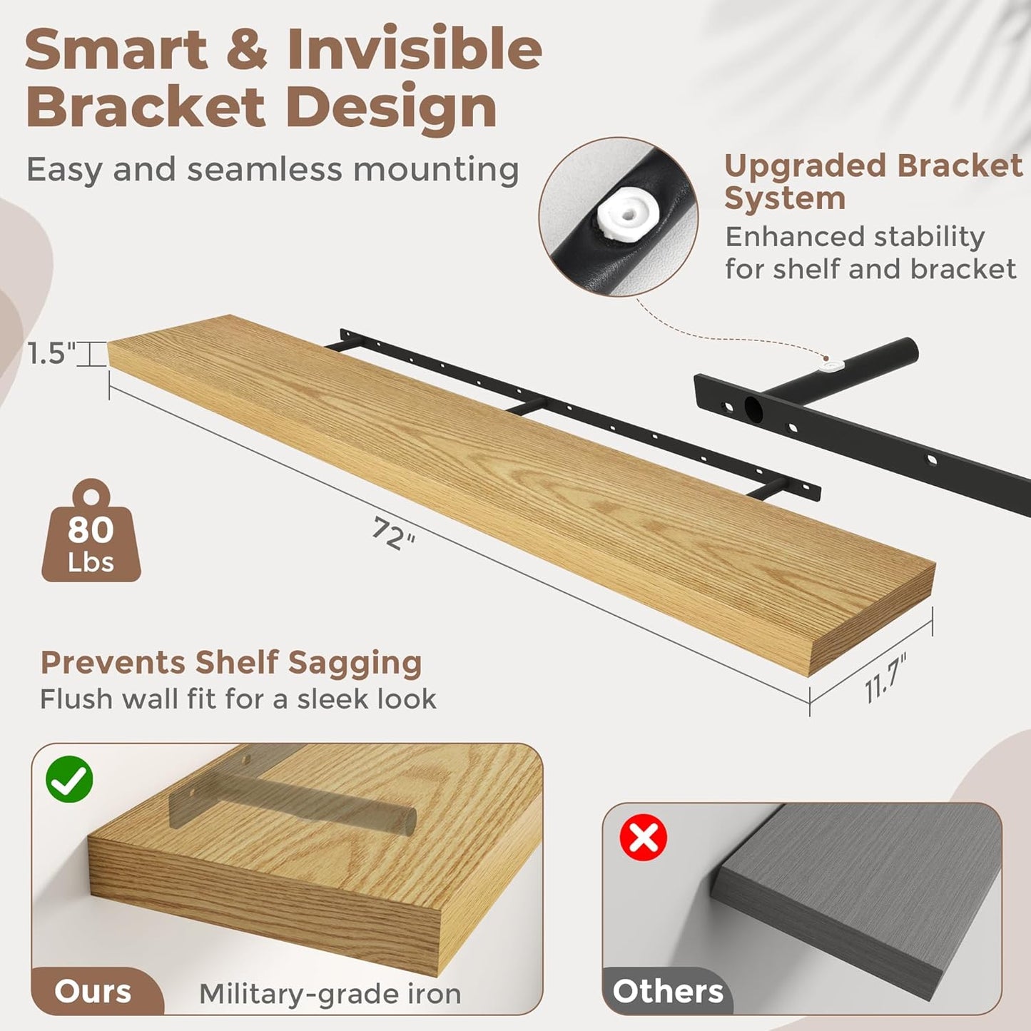 Floating Shelves for Wall with Invisible Brackets, Wall Mounted Engineered Wood Shelves with Wood Grain for Living Room, Bedroom, Bathroom, Kitchen Decor and Storage, Oak, 71"L Set of 2, Oak