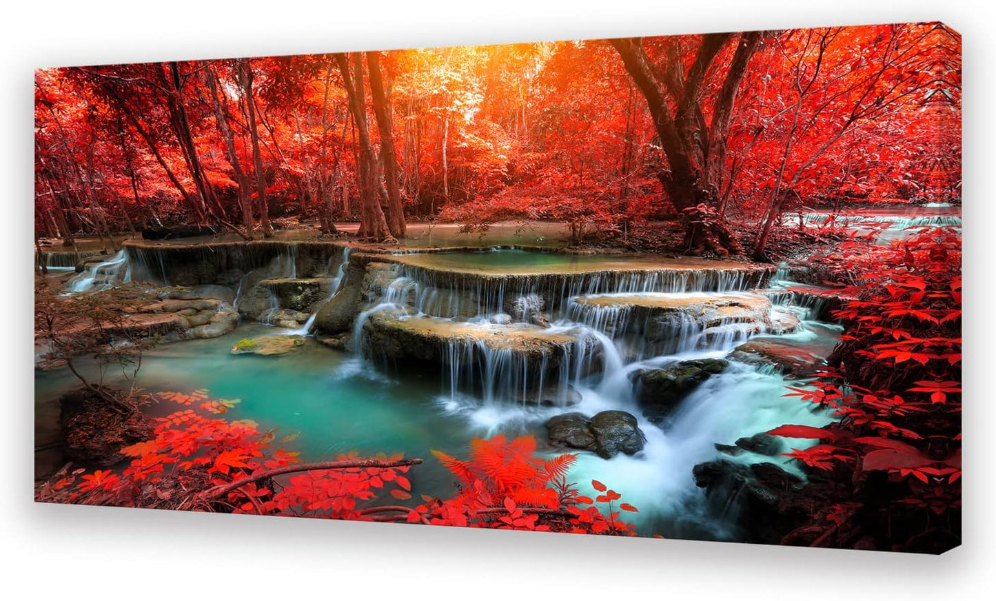 Muolunna BK03975 Wall Art Decor Canvas Print Picture Red Forest Waterfalls 1 Piece Modern Landscape Tree for Living Room Bedroom Kitchen Office Home Decorations Stretched and Framed Ready to Hang