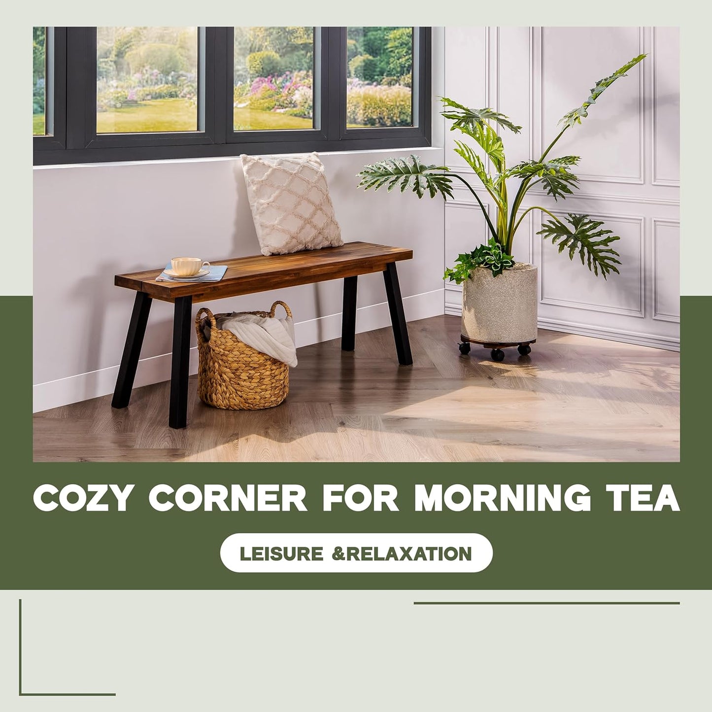 Solid Wood Bench - Minimalist Design, Acacia Wood Construction, Natural top-Black Leg Color, Versatile for Entryway,Living Room,Bedroom & Outdoors,Easy Assembly & Weather-Resistant