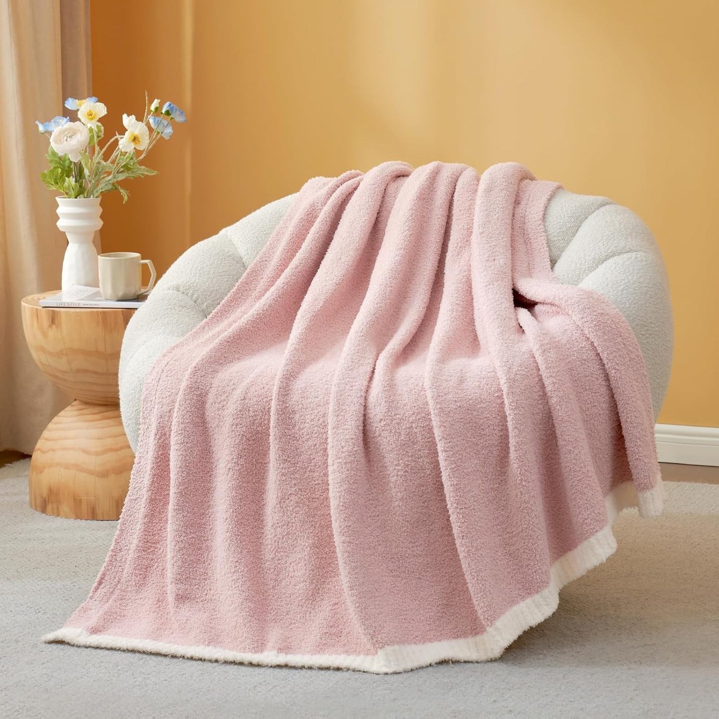 Snuggle Sac Ultra Soft Throw Blanket for Couch Bed Sofa 50x60 inches, Reversible Pink Blanket Microfiber Fluffy Fuzzy Cozy Knit Throws for Women Mothers Birthday Gifts