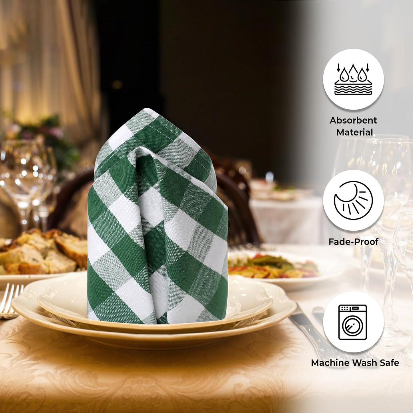 Urban Villa Cotton Dinner Napkins Set of 6, Highly Absorbent 20x20 Inches Premium Cloth Napkins Hotel Quality Reusable & Washable Table Dinner Napkins for Home & Weddings - Hunter Green/White, Checks