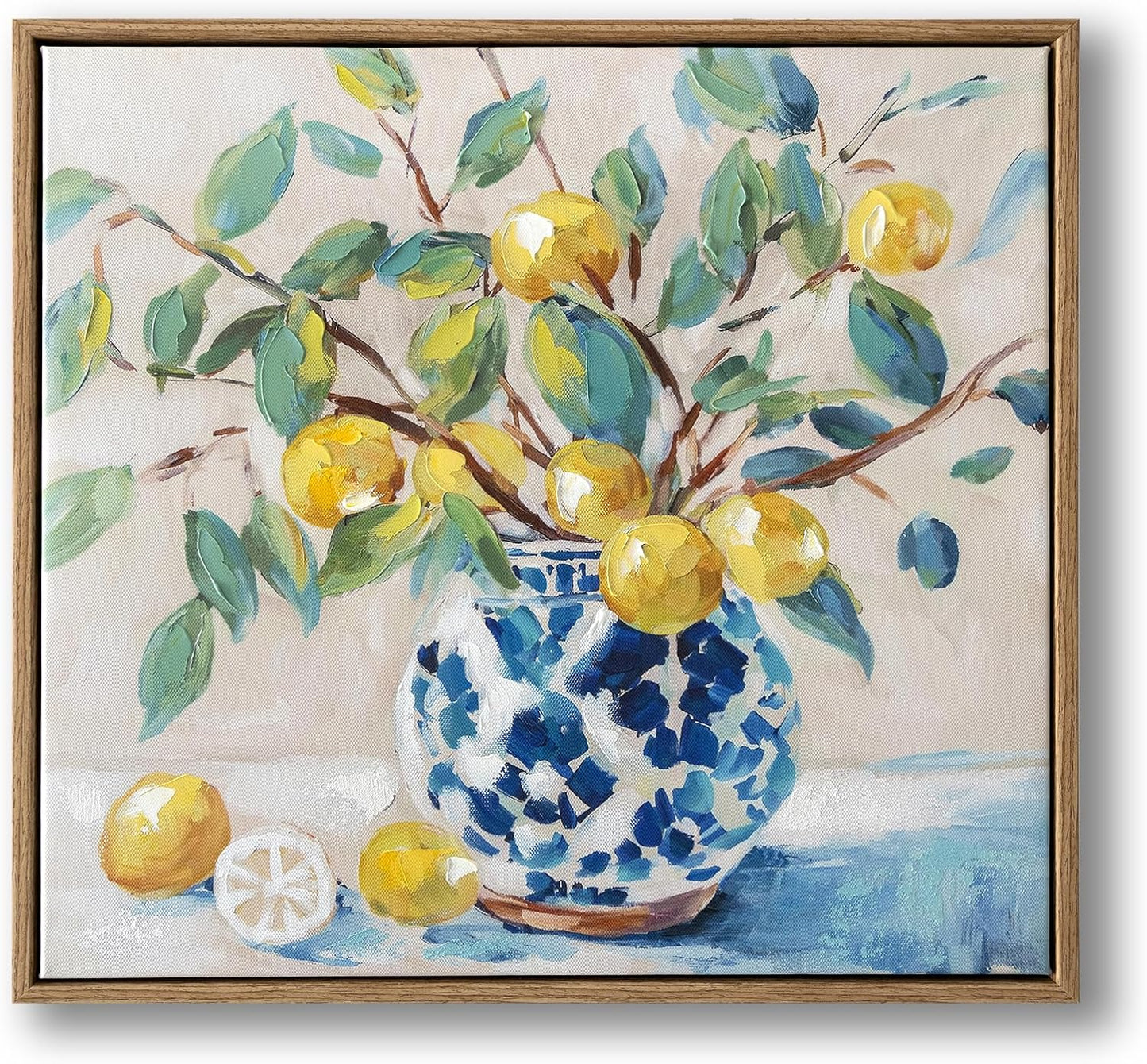 Framed Vintage Kitchen Wall Art, hand-painted Yellow Lemon Still Life Wall Decor Oil Paintings, Rustic Farmhouse Artwork Canvas Prints and handmede Pictures for Living Room Bedroom Home Decor 17x17 In