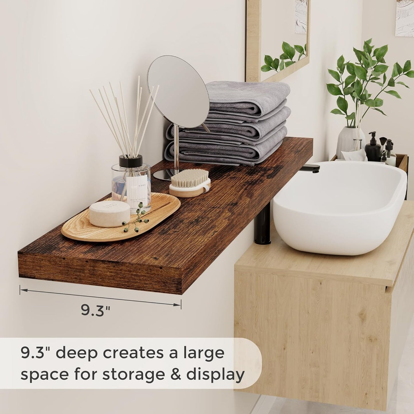 40 Inch Floating Shelvese, 40" W x 9.3" D Floating Shelf Set of 2, Farmhouse Wood Wall Shelves for Bedroom, Kitchen, Wall Mounted Deep Shelving for Home Decor, Rustic Brown Color