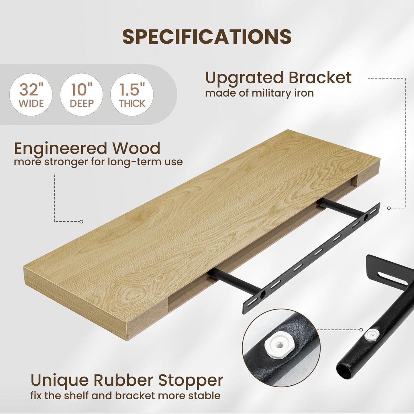 Fun Memories 32 x 10 Floating Shelves Wall-Mounted - Rustic Wood Shelf - 10 Inch Deep Floating Shelves for Wall - Large Storage Shelf for Bathroom - Kitchen & Bedroom - Oak - Set of 2