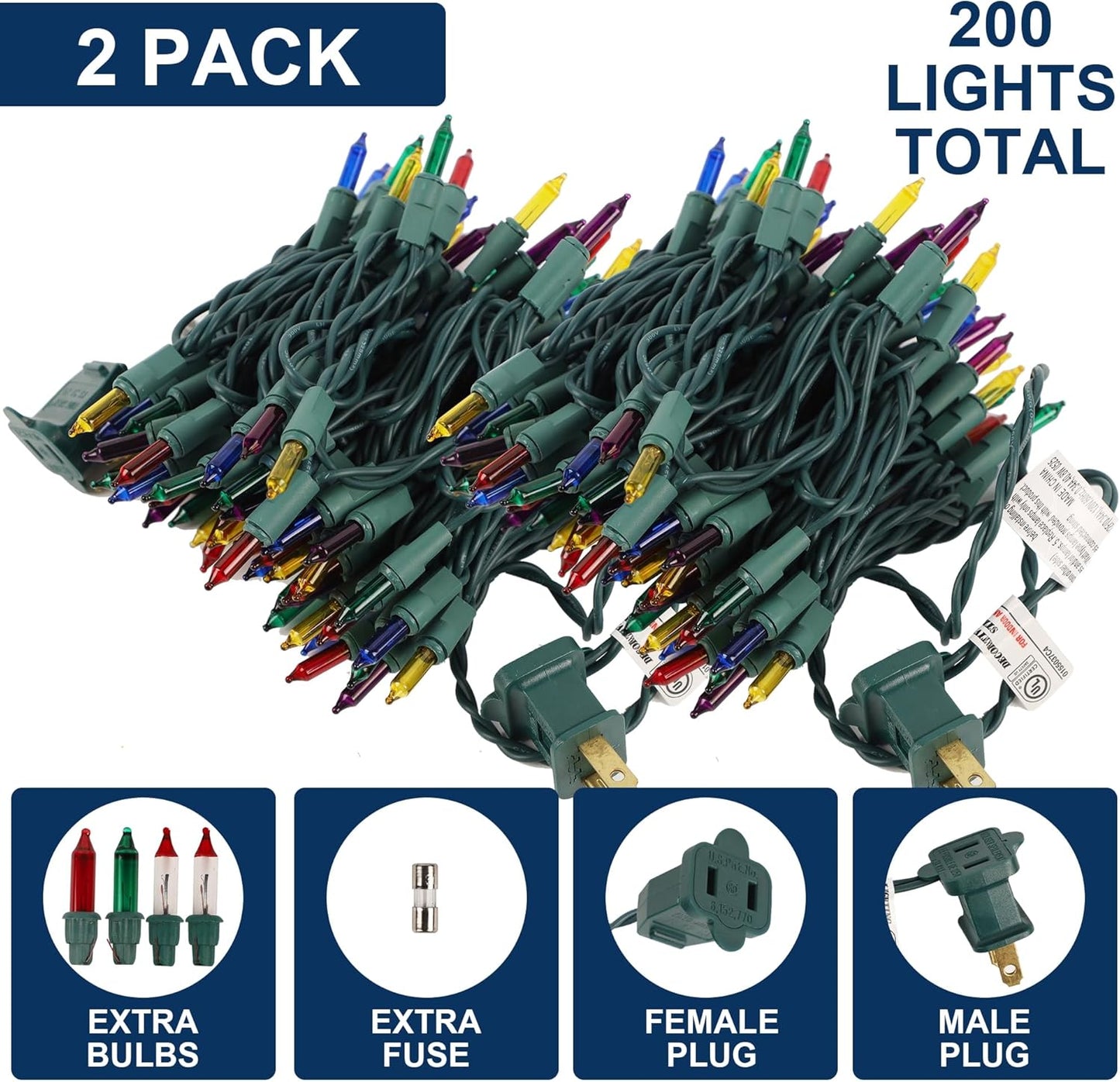 2 Pack Multicolor Christmas String Lights, 100 Count Each, Incandescent Mini Christmas Lights, Connectable Xmas Tree Light for Indoor Outdoor Garland Birthday Holiday Wedding Festival Party