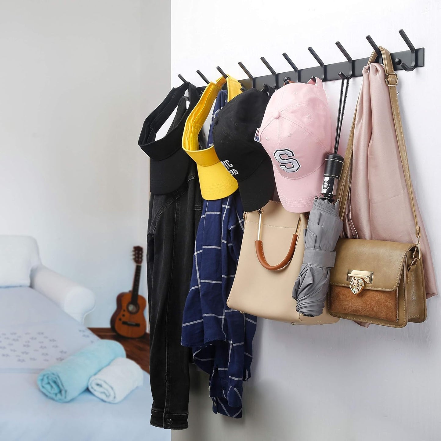 WEBI Coat Rack Wall Mounted,10 Hooks for Hanging Coats,30 Inch Hook Rack Hook Rail Coat Hanger Wall Mount for Backpack,Clothes,Jacket,Black